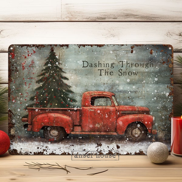 Christmas Decor Plaque - Red Pickup Truck Primitive Rustic Wall Art Metal Sign Decoration - Indoor or Outdoor Use - Mantle, Door, Porch