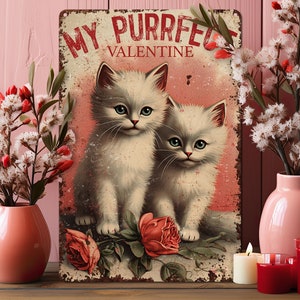 Valentines Day Cat Gift Vintage Kittens Retro Style Metal Wall Art Decor Sign Primitive Rustic Cute Decoration Indoor or Outdoor Use image 4