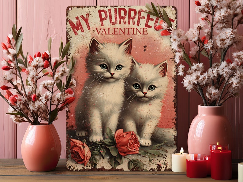 Valentines Day Cat Gift Vintage Kittens Retro Style Metal Wall Art Decor Sign Primitive Rustic Cute Decoration Indoor or Outdoor Use image 4