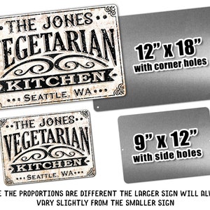 May include: Two metal signs with a vintage design that reads "The Jones Vegetarian Kitchen... Seattle, WA..." The larger sign is 12 inches by 18 inches with corner holes. The smaller sign is 9 inches by 12 inches with side holes.