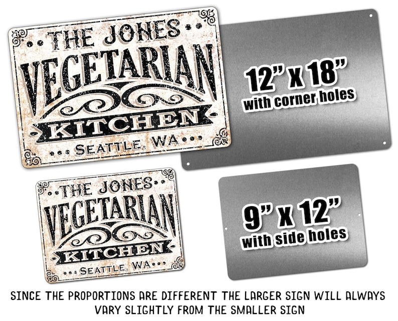 May include: Two metal signs with a vintage design that reads "The Jones Vegetarian Kitchen... Seattle, WA..." The larger sign is 12 inches by 18 inches with corner holes. The smaller sign is 9 inches by 12 inches with side holes.