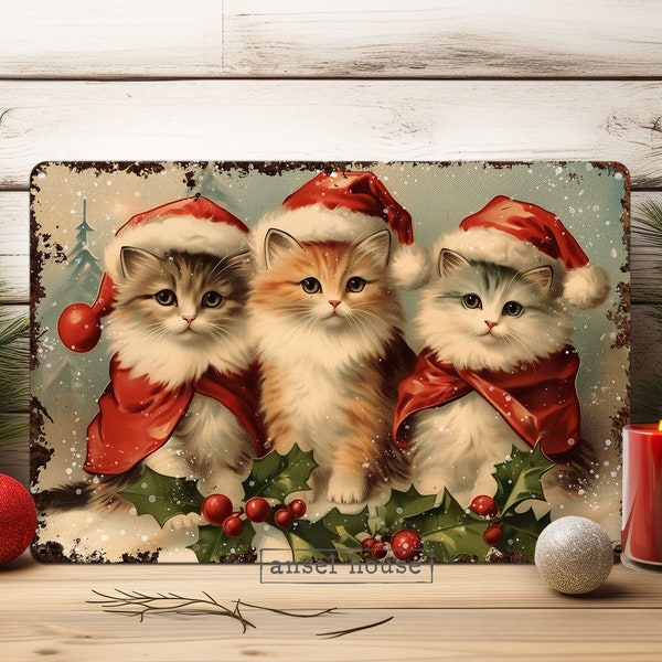 Adorable Vintage Victorian Christmas Kittens Wall Art Metal Cat Sign Decoration Modern Farmhouse Cottagecore Decor Indoor Outdoor Door Porch