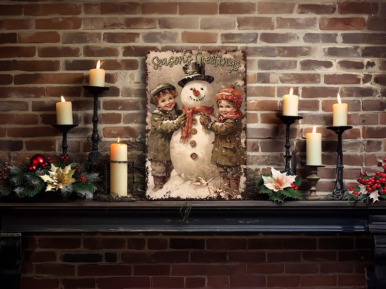 May include: A vintage-style Christmas sign with a snowman and two children. The sign is painted in warm colors and has the text "Seasons Greetings" on it.
