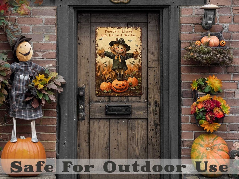 May include: A rustic metal sign with a scarecrow design and the text "Pumpkin Kisses and Harvest Wishes" hangs on a wooden door. The sign features a scarecrow standing on pumpkins. The scene is decorated with pumpkins and fall foliage.