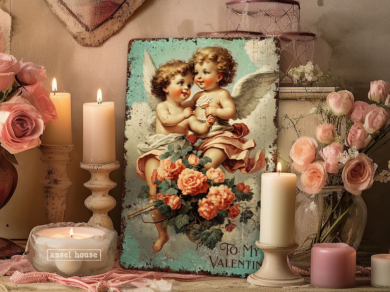 May include: A vintage-style metal sign with a blue background featuring two cherubs with wings, holding a bouquet of pink roses. The sign reads "To My Valentine".