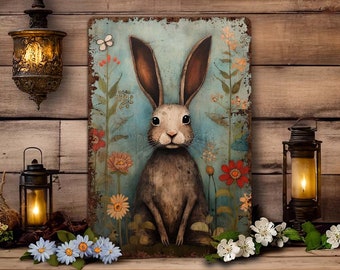 Primitive Easter Decor - Rustic Folkart Bunny Metal Art Sign Mantle Decoration - Indoor Outdoor Door Porch - Flower Rabbit