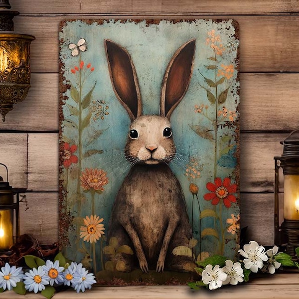 Primitive Easter Decor - Rustic Folkart Bunny Metal Art Sign Mantle Decoration - Indoor Outdoor Door Porch - Flower Rabbit