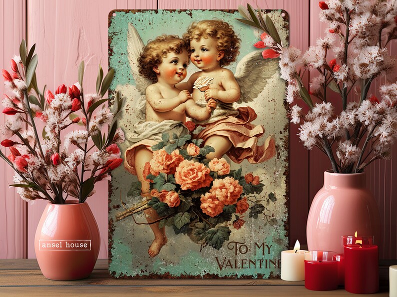 May include: Vintage-style metal sign with a romantic image of two cherubs with wings, holding flowers and surrounded by roses. The sign reads "To My Valentine".