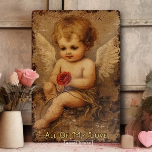 Valentines Day Decor - Antique Victorian Style Cupid Decoration - Printed Metal Cherub Sign Safe For Indoor or Outdoor Use - Mantel, Porch