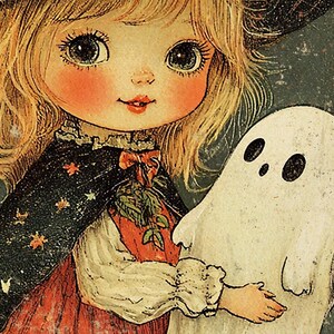 May include: Vintage illustration of a young girl with blonde hair, rosy cheeks, and large eyes, dressed in a black cape with autumn leaf accents. She holds hands with a friendly white ghost. The artwork has a retro, Halloween theme.