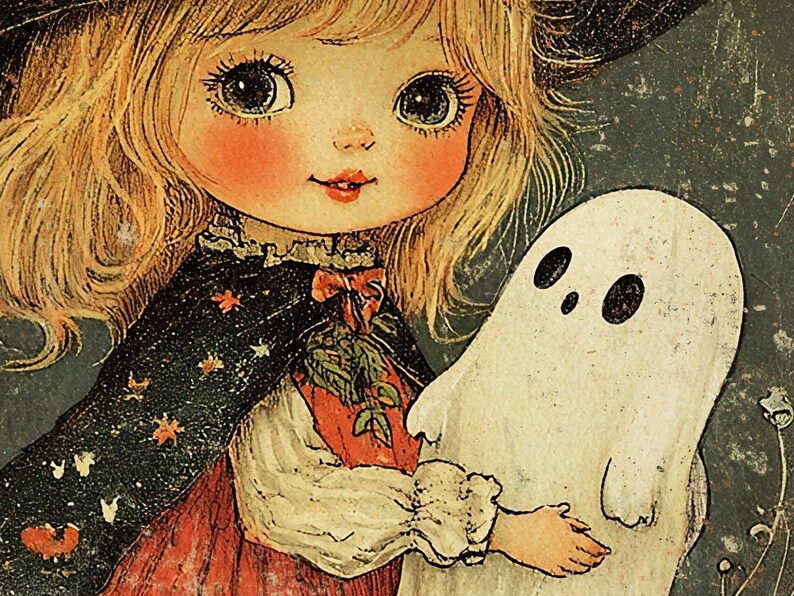 May include: Vintage illustration of a young girl with blonde hair, rosy cheeks, and large eyes, dressed in a black cape with autumn leaf accents. She holds hands with a friendly white ghost. The artwork has a retro, Halloween theme.