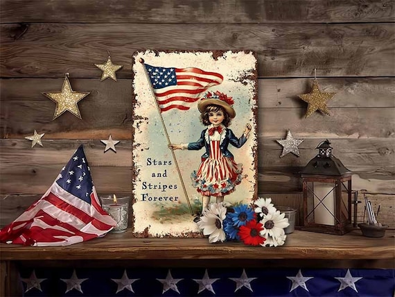 July 4th Decor - Vintage Postcard Art Sign - Independence Day