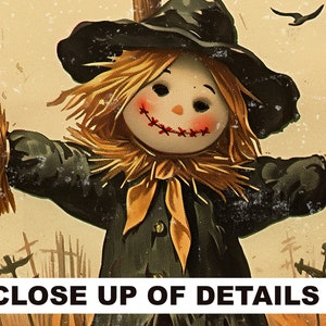 May include: A vintage-style illustration of a smiling scarecrow with a straw head and arms, wearing a black hat and coat. The scarecrow has stitched red lips and rosy cheeks. The text "CLOSE UP OF DETAILS" is at the bottom.