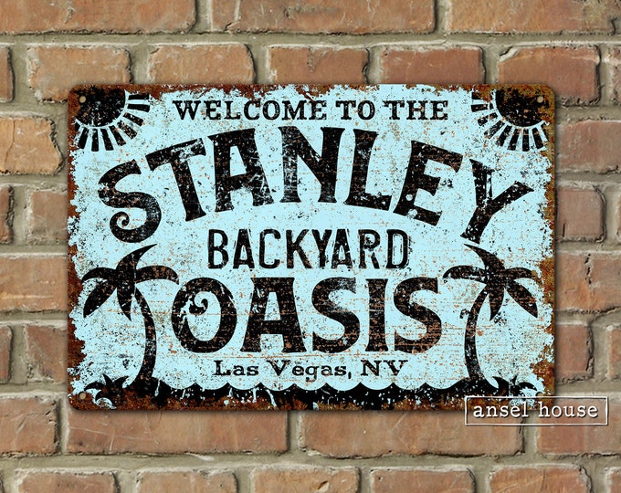 Backyard Oasis Patio Welcome Sign Custom Personalized Family Last Name Porch Decoration For House Aluminum Tin Metal  Indoor Outdoor