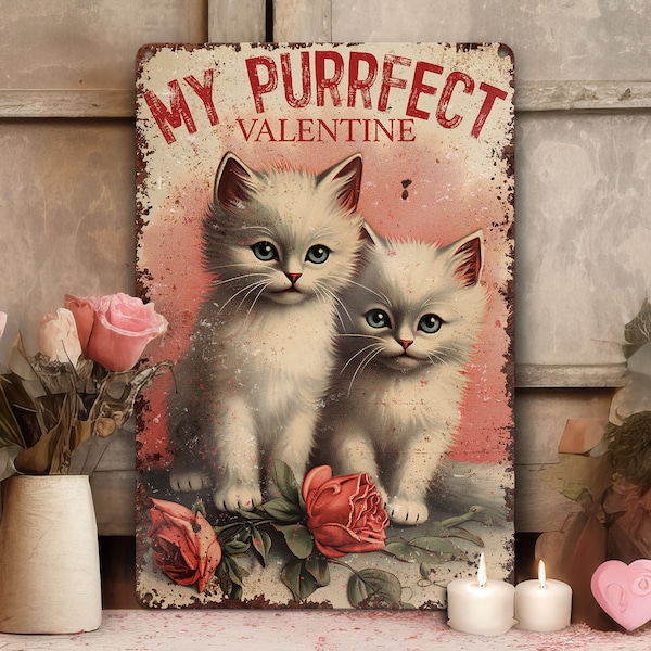 Valentines Day Cat Gift - Vintage Kittens Retro Style Metal Wall Art Decor Sign - Primitive Rustic Cute Decoration Indoor or Outdoor Use