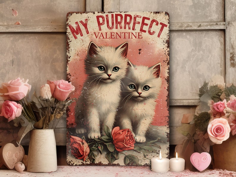 Valentines Day Cat Gift Vintage Kittens Retro Style Metal Wall Art Decor Sign Primitive Rustic Cute Decoration Indoor or Outdoor Use image 1