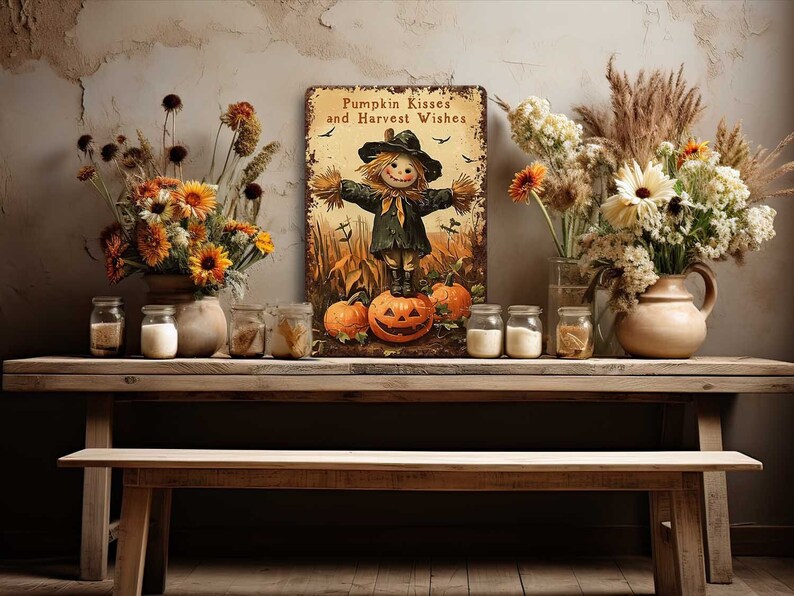 May include: A rustic wooden table with a bench, adorned with fall decor. A metal sign with a scarecrow and pumpkins reads "Pumpkin Kisses and Harvest Wishes." Vases of flowers and jars with contents complete the autumn scene.