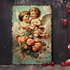 May include: Vintage Valentine's Day metal sign featuring two cherubs with wings, holding a flower and surrounded by pink roses. The sign has a distressed, rusty look and reads "To My Valentine".