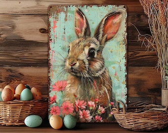 Easter Mantle Decor - Colorful Bunny Rustic Metal Art Sign Decoration - Indoor Outdoor Safe - Pink Flower Rabbit