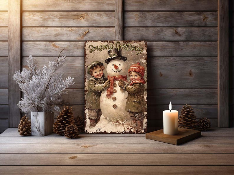 May include: A vintage-style metal sign with a snowman and two children. The sign reads "Seasons Greetings".