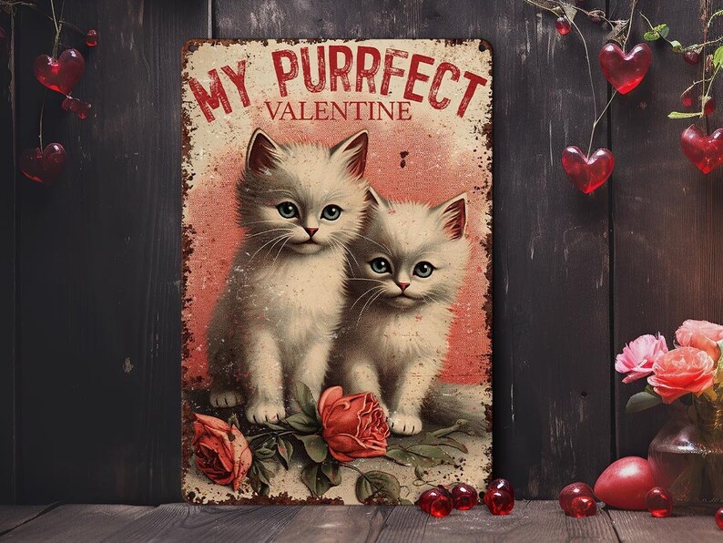 Valentines Day Cat Gift Vintage Kittens Retro Style Metal Wall Art Decor Sign Primitive Rustic Cute Decoration Indoor or Outdoor Use image 3