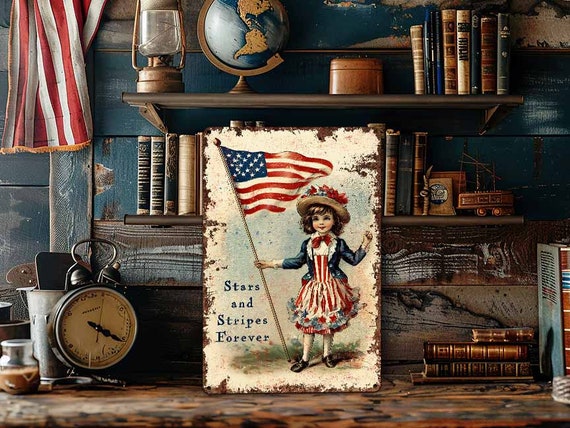 July 4th Decor - Vintage Postcard Art Sign - Independence Day