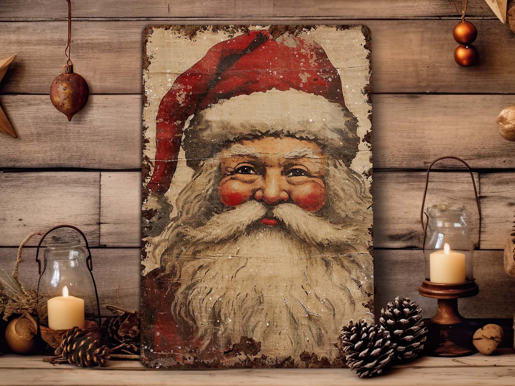 Primitive Distressed Vintage Santa Face Christmas Decor Sign Metal