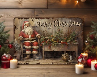 Neutral  Wall Art Christmas Decor Primitive Santa Sign Metal Decoration Rustic Farmhouse Cottage Core Retro Decor Indoor Outdoor Use Door