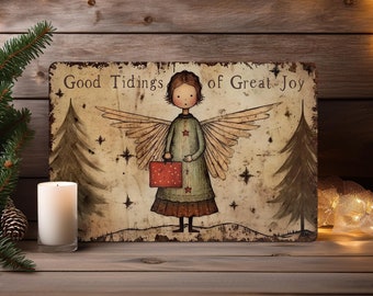 Christmas Decor Indoor or Outdoor Whimsical Angel Primitive Wall Art Metal Sign Decoration - Mantle, Door, Porch - Good Tidings Of Great Joy