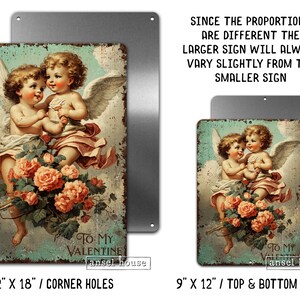 May include: Vintage-inspired metal sign featuring two cherubs with wings holding a bouquet of pink roses. The sign has a distressed, rusty look and says "To My Valentine" with the text "ansel house" below. The sign is available in two sizes: 12 inches by 18 inches with corner holes or 9 inches by 12 inches with top and bottom holes.