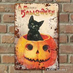 Décoration d'Halloween primitive en métal pour porte d'extérieur en aluminium rustique vieilli et rouillé - Chat noir en citrouille