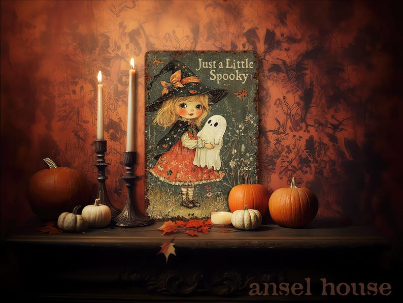 May include: A vintage-style Halloween scene featuring a sign that reads "Just a Little Spooky" with a girl in a witch hat holding a ghost. Pumpkins, candles, and fall leaves complete the autumn decor.