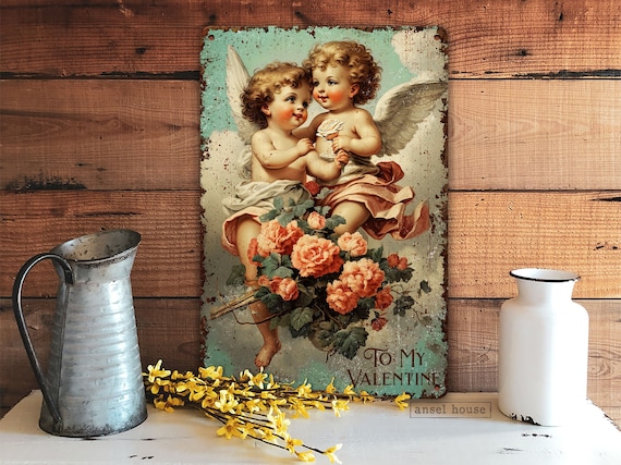 Vintage Valentines Day Cherub Decor - Primitive Victorian Aesthetic - Metal Art Sign Decoration - For Indoor Outdoor Use - Rustic Farmhouse