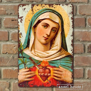 Vintage Immaculate Heart Of Mary Metal Wall Art Icon Religious Sacred Sign Decoration Antique Decor Indoor Outdoor Use Yard Patio Porch