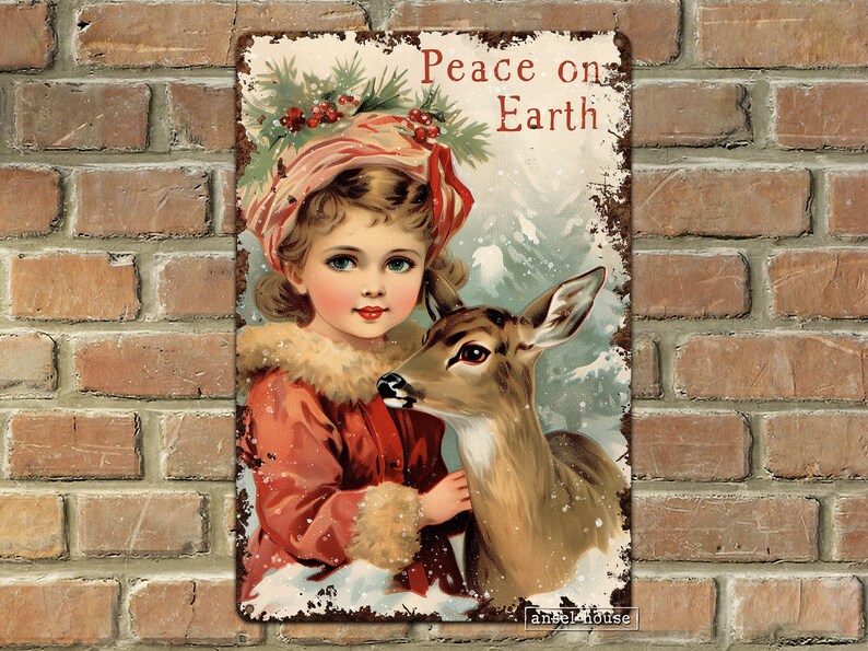 Puede incluir: Un cartel vintage de Navidad con una ni&ntilde;a peque&ntilde;a con un abrigo rojo sosteniendo un cervatillo. El cartel tiene un fondo blanco con el texto "Peace on Earth" en letras rojas.