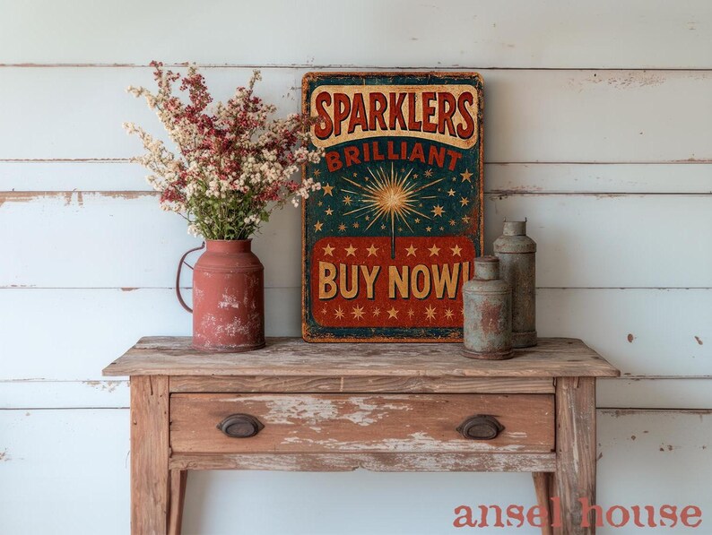 K&ouml;nnte beinhalten: Ein Schild im Vintage-Stil in den Farben Rot, Wei&szlig; und Blau, das f&uuml;r "Sparkler's Brilliant Buy Now!" mit einer Feuerwerks-Illustration wirbt. Das Schild ist auf einem rustikalen Holztisch mit zwei Vintage-Metallbeh&auml;ltern ausgestellt.