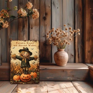 May include: A vintage-style metal sign with the text "Pumpkin Kisses and Harvest Wishes" features a scarecrow standing on pumpkins. The sign is set against a rustic wooden background, with fall-themed decor.