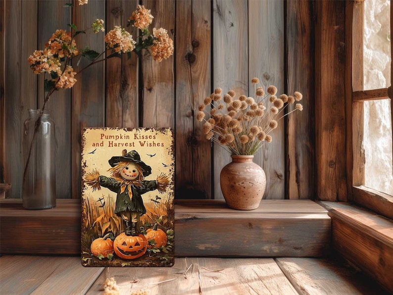 May include: A vintage-style metal sign with the text "Pumpkin Kisses and Harvest Wishes" features a scarecrow standing on pumpkins. The sign is set against a rustic wooden background, with fall-themed decor.