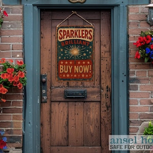 K&ouml;nnte beinhalten: Ein Schild im Vintage-Stil in den Farben Rot, Wei&szlig; und Blau, das Feuerwerksk&ouml;rper bewirbt. Das Schild lautet "Sparklers Brilliant Buy Now!" und h&auml;ngt an einer Holzt&uuml;r.