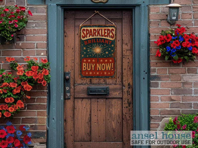 K&ouml;nnte beinhalten: Ein Schild im Vintage-Stil in den Farben Rot, Wei&szlig; und Blau, das Feuerwerksk&ouml;rper bewirbt. Das Schild lautet "Sparklers Brilliant Buy Now!" und h&auml;ngt an einer Holzt&uuml;r.