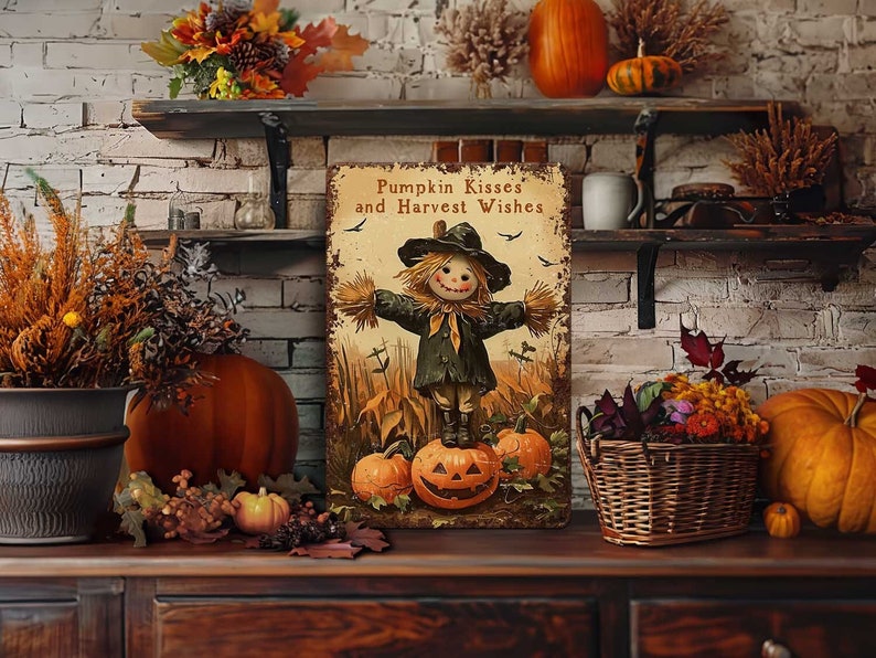 May include: A rustic metal sign with a scarecrow standing on a pumpkin, surrounded by other pumpkins and fall foliage. The sign reads "Pumpkin Kisses and Harvest Wishes". The scene evokes a cozy autumn theme.