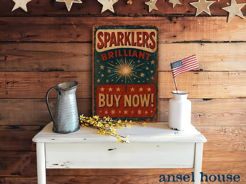 K&ouml;nnte beinhalten: Ein Schild im Vintage-Stil in den Farben Rot, Wei&szlig; und Blau, das f&uuml;r "Sparkler Brilliant Buy Now!" mit einer Feuerwerks-Illustration wirbt. Das Schild h&auml;ngt an einer Holztafelwand mit einem wei&szlig;en Krug und einer Vase mit Blumen davor.