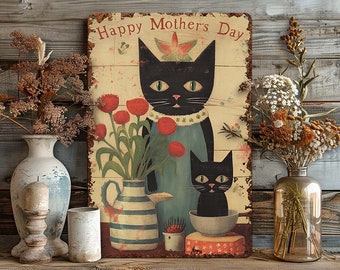 Mother's Day Gift Metal Art Sign - Primitive Folk Art Mantle Decoration - Rustic Indoor Outdoor Decor - Cat Mom With Kitten