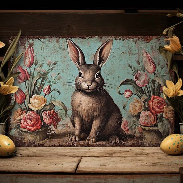 Easter Decor - Primitive Decoration Vintage Garden Bunny Metal Art Sign Mantle Display Picture - Indoor Outdoor Safe - Garden Rabbit