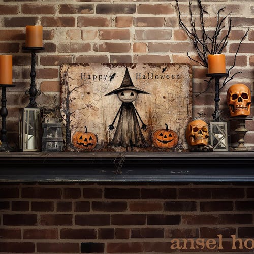 Primitive Halloween Decor Metal Sign Decoration Antique Rustic Distressed Porch Outdoor Safe Cottagecore  - Cute Creepy Witch With Pumpkins