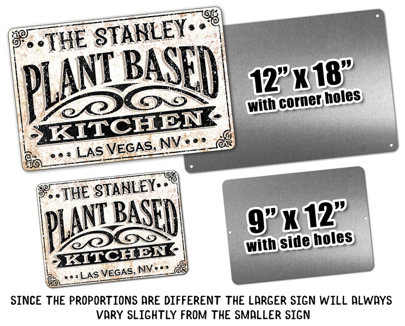 Op de afbeelding: Twee metalen borden met een vintage ontwerp. Het bovenste bord heeft de tekst "The Stanley... Plant Based Kitchen... Las Vegas, NV..." en is 30,5 cm bij 45,7 cm met hoekgaten. Het onderste bord is 22,9 cm bij 30,5 cm met zijgaten.