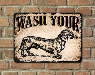 Cartello In Metallo Retrò Wash Your Worries Away | Targa Bagno Con Bassotto 20x30 Cm