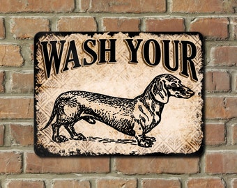 Cartello In Metallo Retrò Wash Your Worries Away | Targa Bagno Con Bassotto 20x30 Cm