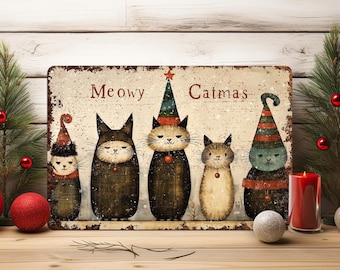 Primitive Christmas Cats Wall Art Meowy Catmas Metal Sign Decoration Modern Farmhouse Cottage Core Decor Indoor Outdoor Door Porch
