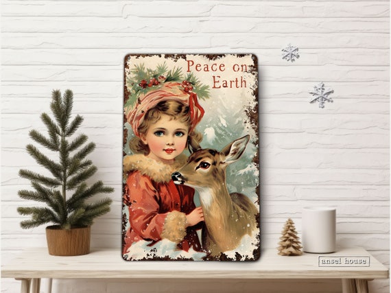 Victorian Christmas Art Metal Sign - Mantle Decoration Farmhouse Cottage Core Decor for Indoor or Outdoor Use - Peace On Earth Deer Girl